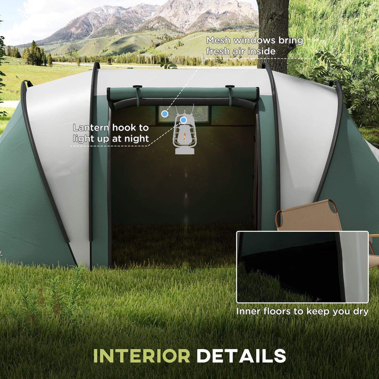 Outsunny Camping Tent with 2 Bedrooms and Living Area, 3000mm Waterproof Family Tent, for Fishing Hiking Festival in Dark Green