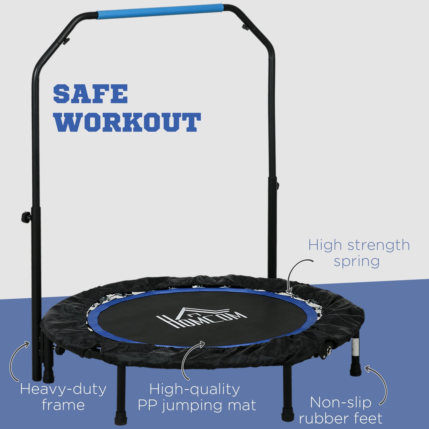 HOMCOM 40" Foldable Mini Fitness Trampoline in Blue, with Adjustable Foam Handle