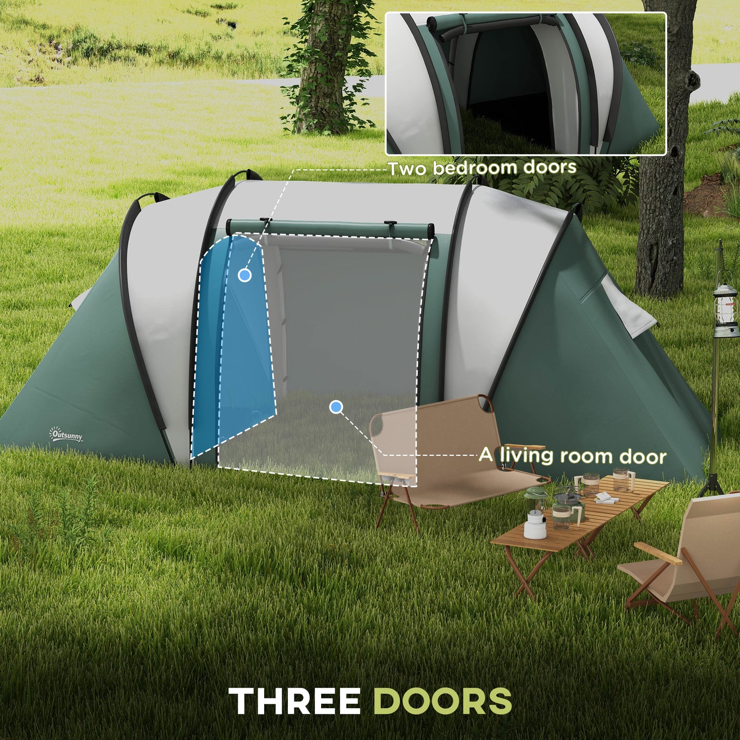 Outsunny Camping Tent with 2 Bedrooms and Living Area, 3000mm Waterproof Family Tent, for Fishing Hiking Festival in Dark Green