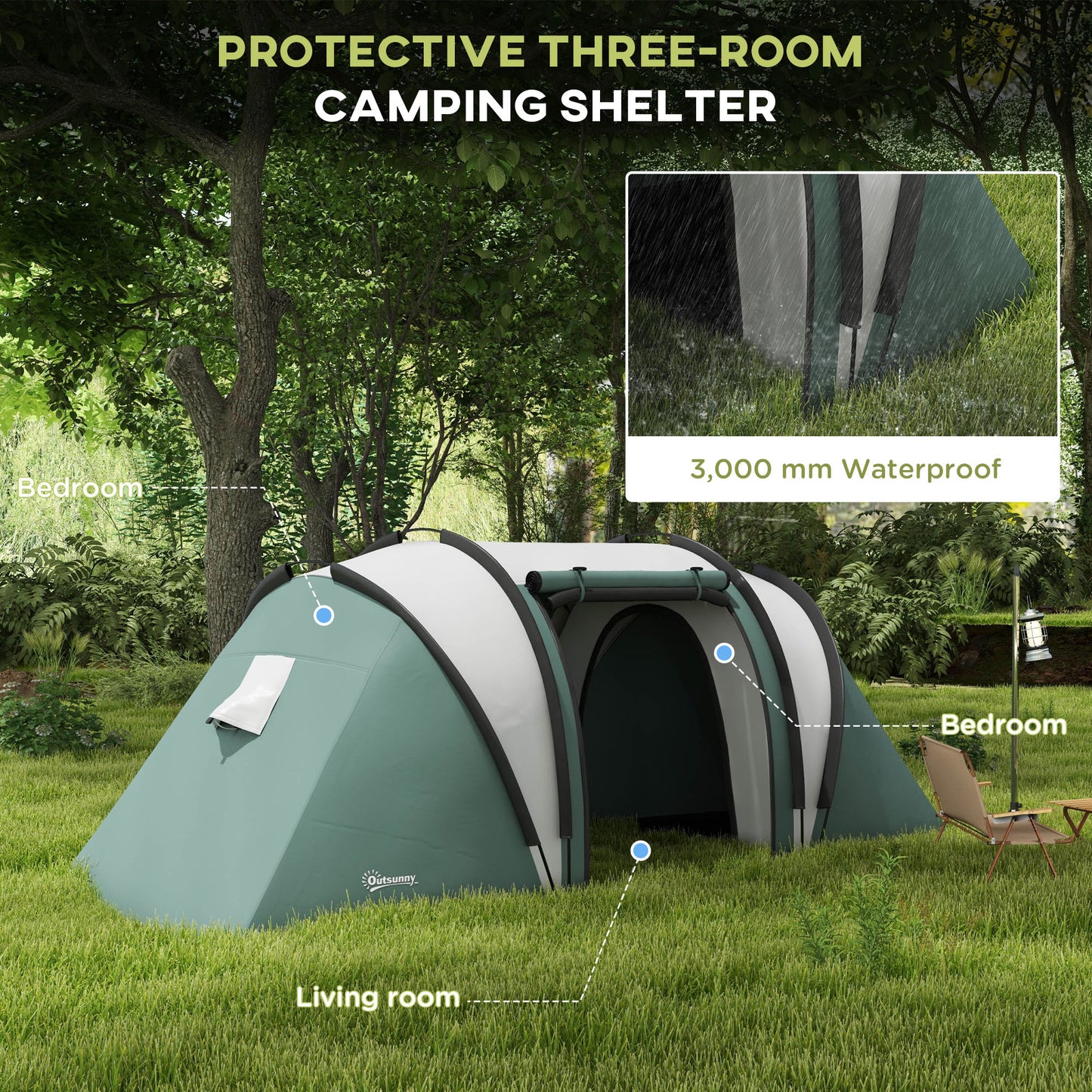 Outsunny Camping Tent with 2 Bedrooms and Living Area, 3000mm Waterproof Family Tent, for Fishing Hiking Festival in Dark Green
