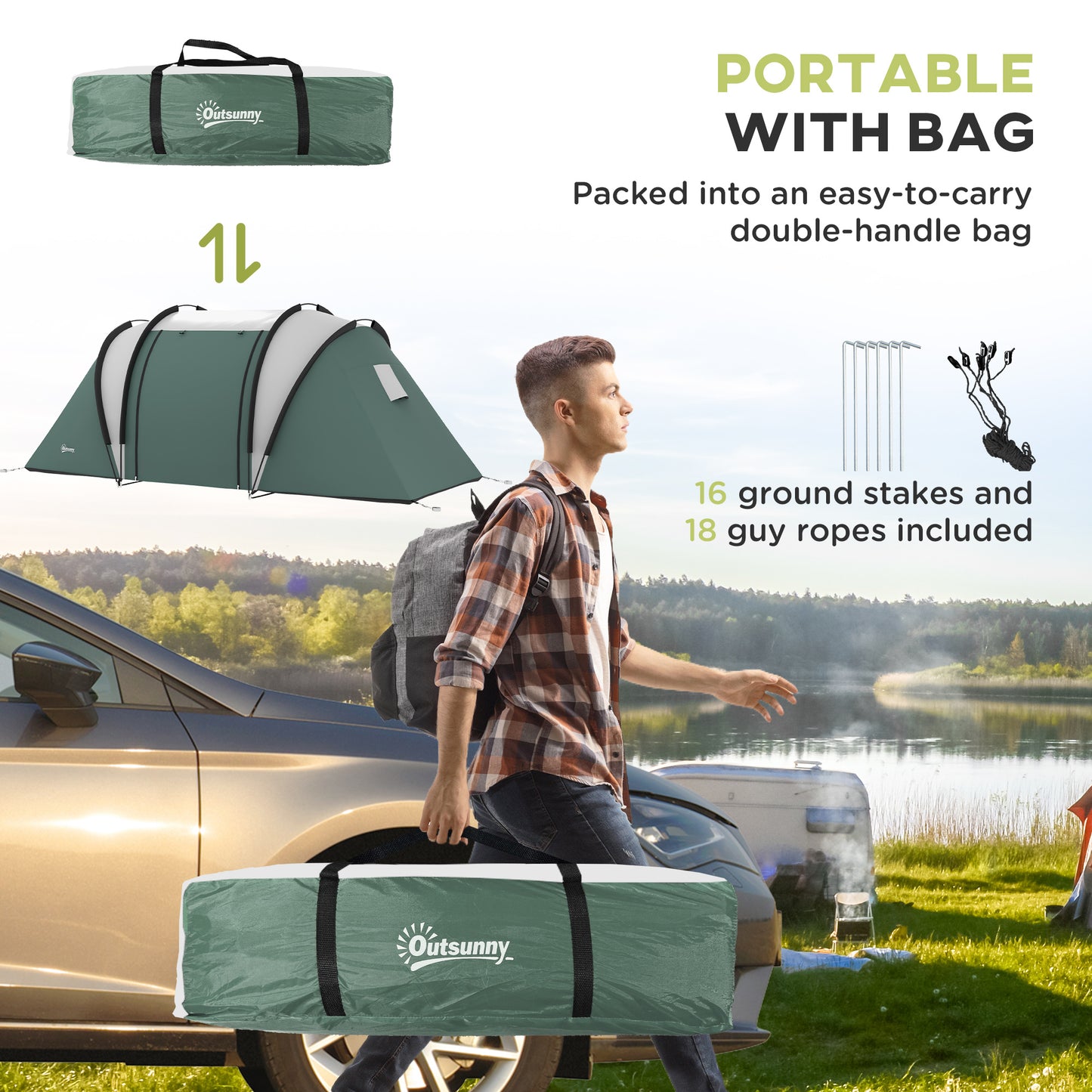 Outsunny Camping Tent with 2 Bedrooms and Living Area, 3000mm Waterproof Family Tent, for Fishing Hiking Festival in Dark Green