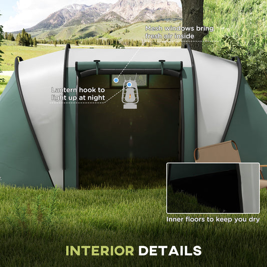 Outsunny Camping Tent with 2 Bedrooms and Living Area, 3000mm Waterproof Family Tent, for Fishing Hiking Festival in Dark Green