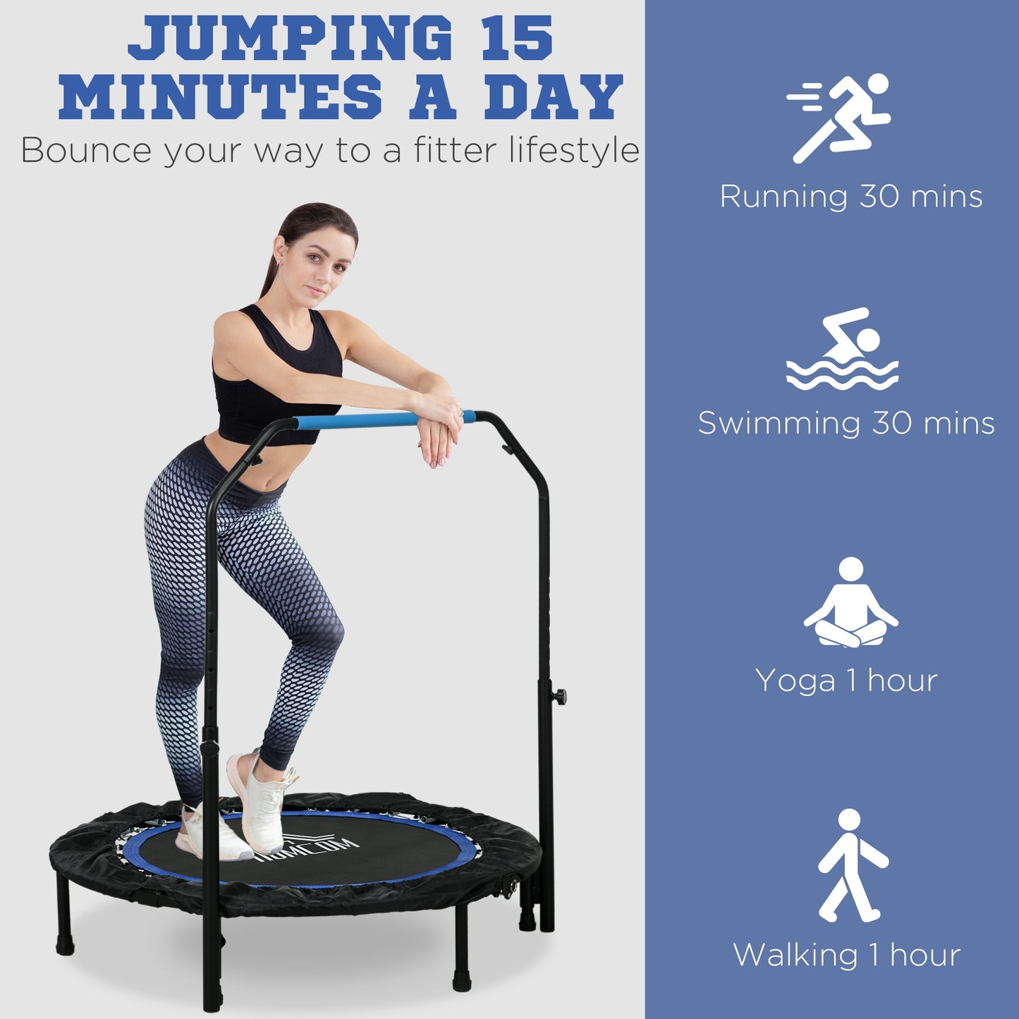 HOMCOM 40" Foldable Mini Fitness Trampoline in Blue, with Adjustable Foam Handle