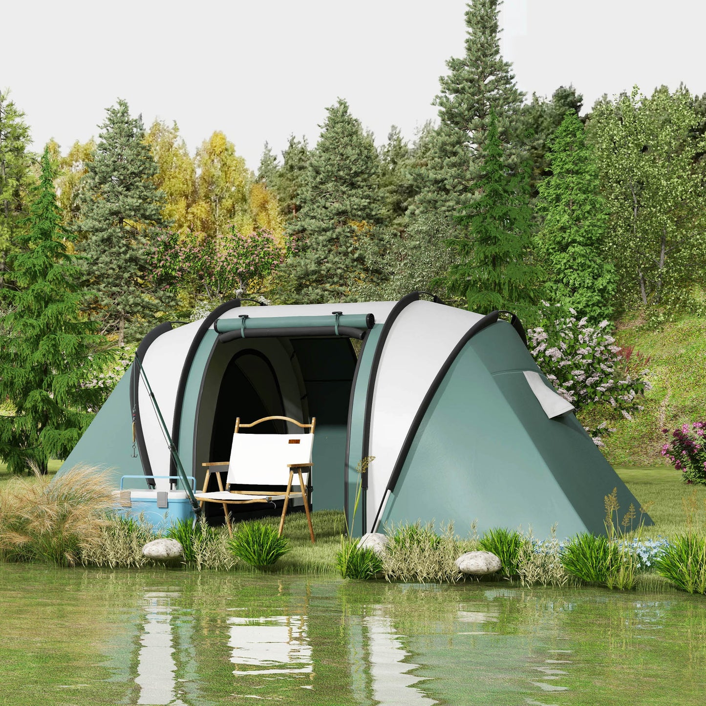 Outsunny Camping Tent with 2 Bedrooms and Living Area, 3000mm Waterproof Family Tent, for Fishing Hiking Festival in Dark Green