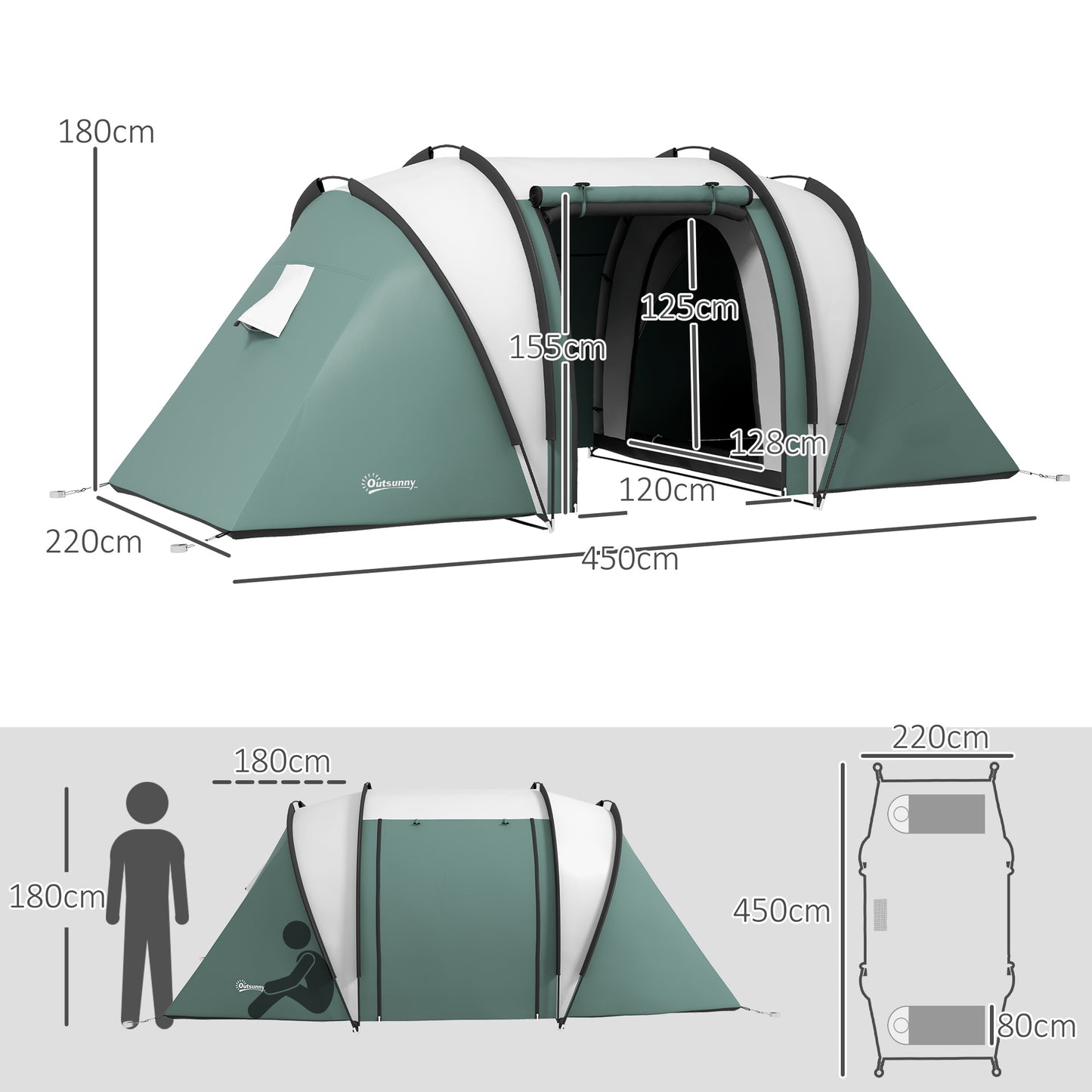 Outsunny Camping Tent with 2 Bedrooms and Living Area, 3000mm Waterproof Family Tent, for Fishing Hiking Festival in Dark Green
